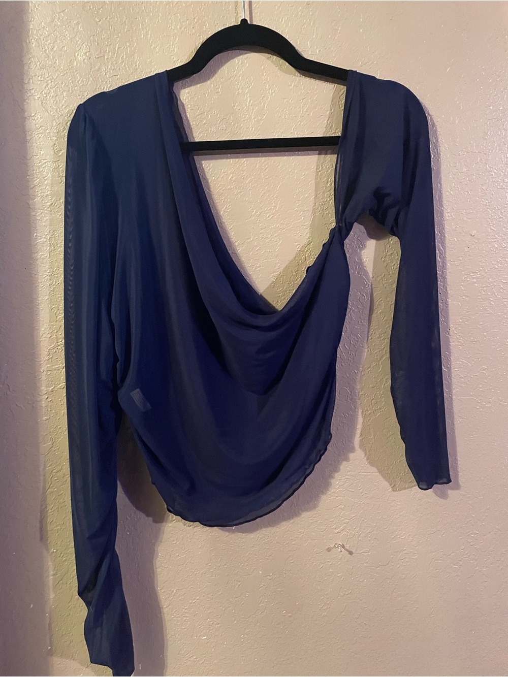 SHEIN Sheer Navy Blue Draped Cowl Long-Sleeve Blouse